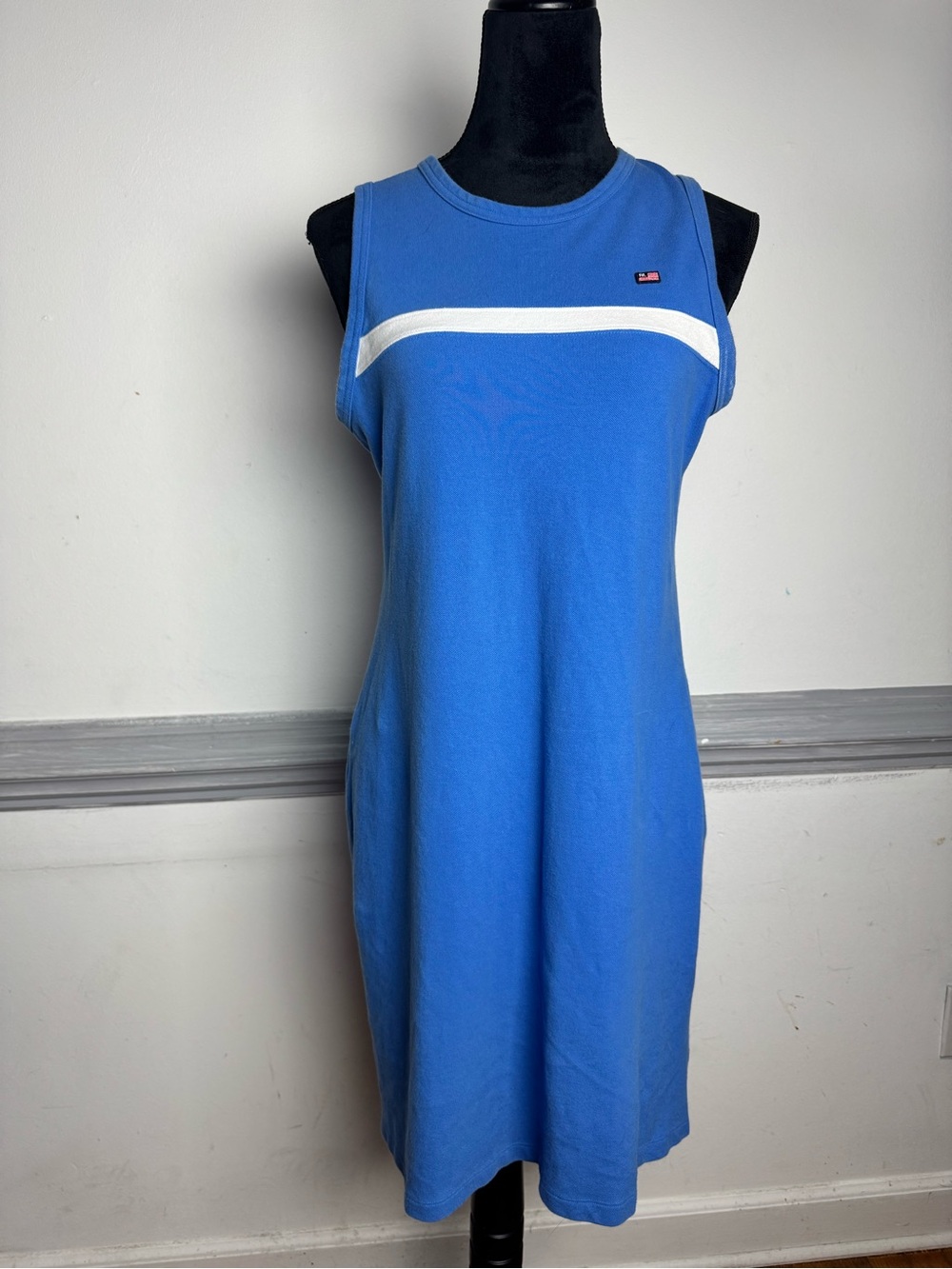 Ralph Lauren Blue Sleeveless Midi Dress with White Stripe